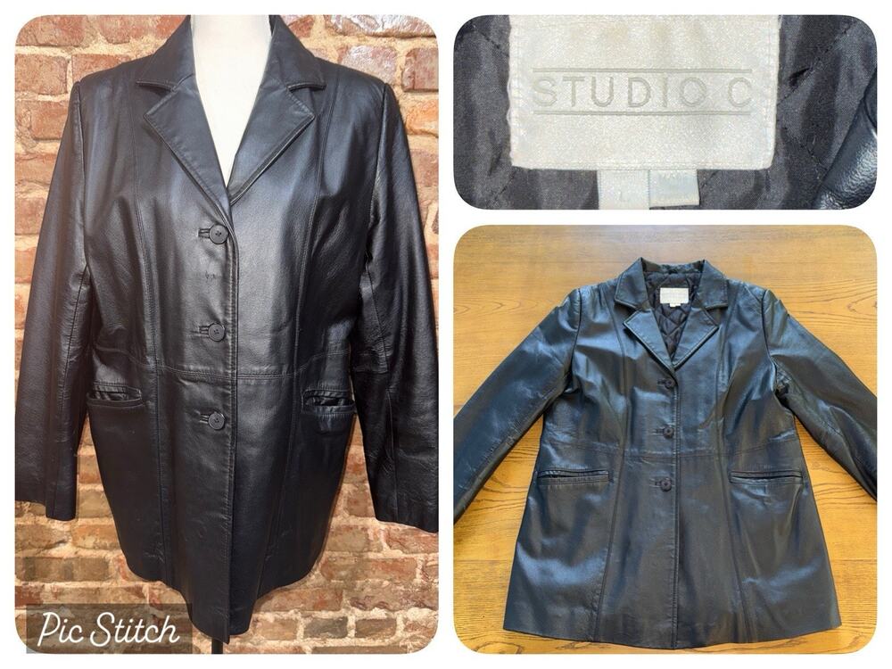 Vintage Studio C Leather Coat Blazer Womens Sz L Black Pockets Goth Biker EUC